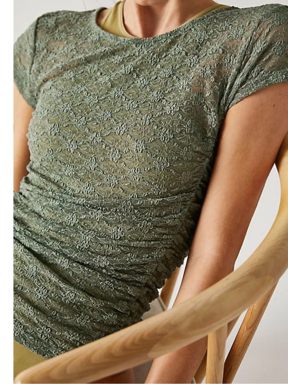 Free People Intimately Keep it Simple Olive Lace Baby Tee Ruched Top Size S
